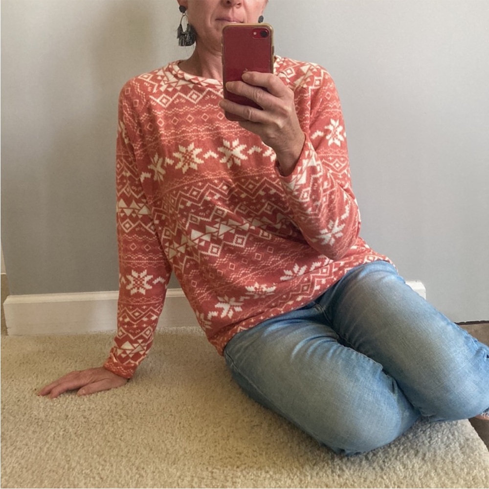 Brushed Hacci Fair Isle Geo Print Long Sleeve Top